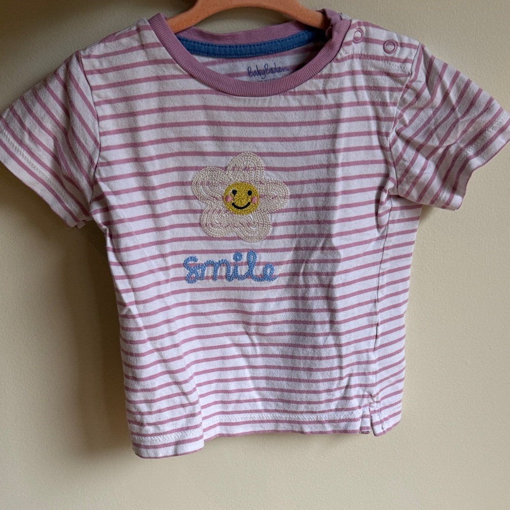 BABY BODEN - Pink and White Striped Tee with Smile Embroidered Flower